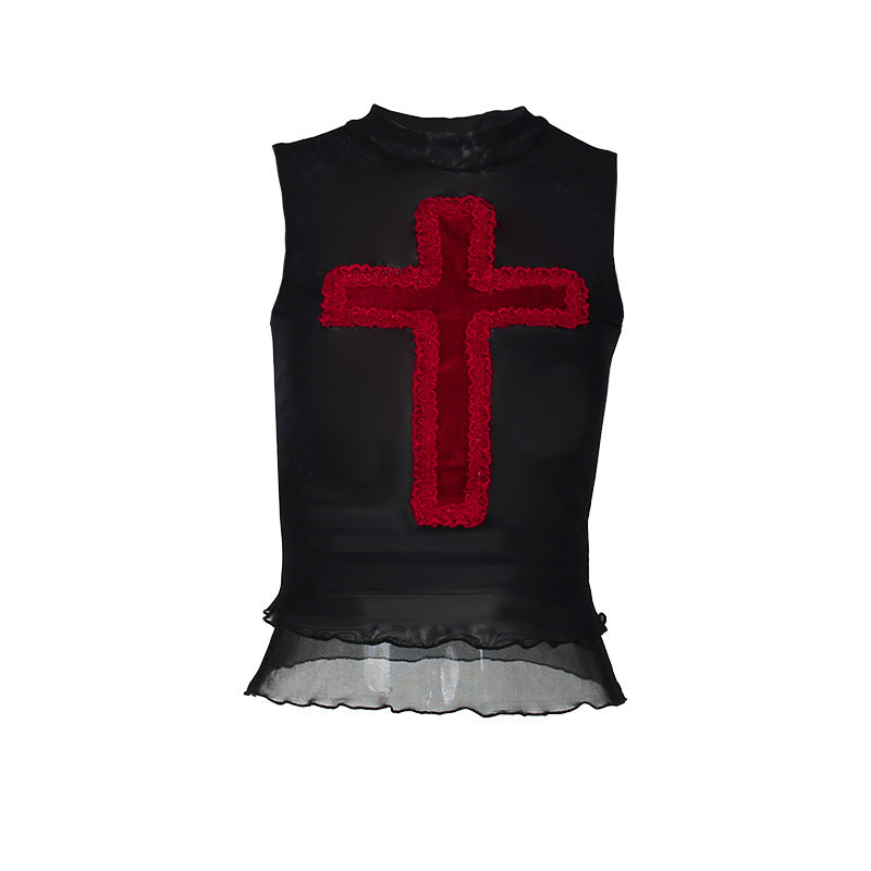 Trendy Cross Design Sleeveless Vest Top Casual Streetwear