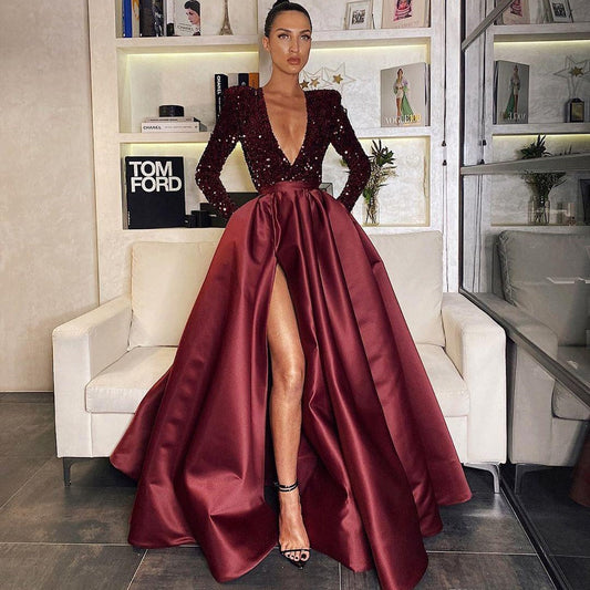 Sequined Deep V-Neck A-Line Evening Gown With Long Sleeves