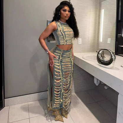 Trendy 3D Patterned Denim Vest And Skirt Set