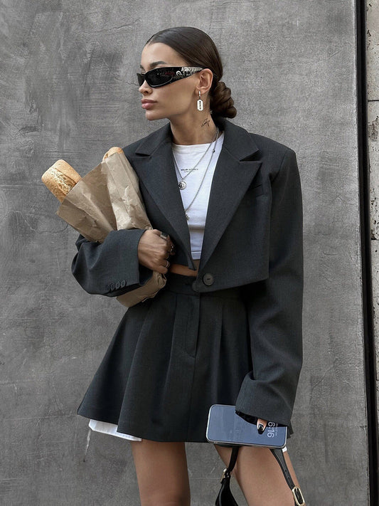 Elegant Blazer Skirt Set Solid Color Polyester Fashion