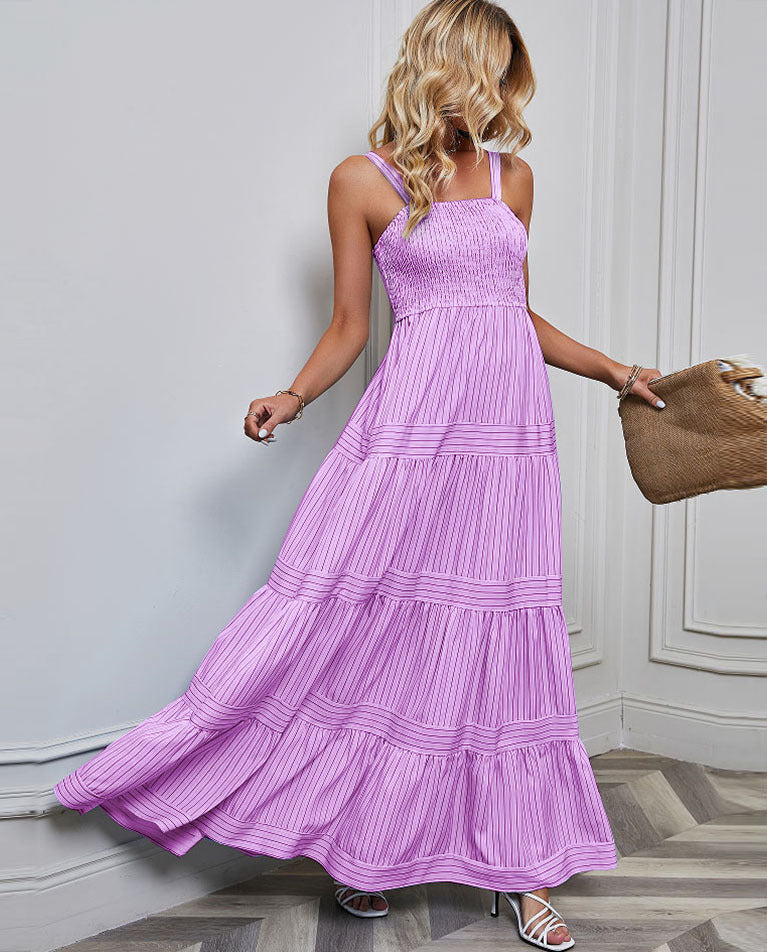 Solid Color Striped Spaghetti Long Dress