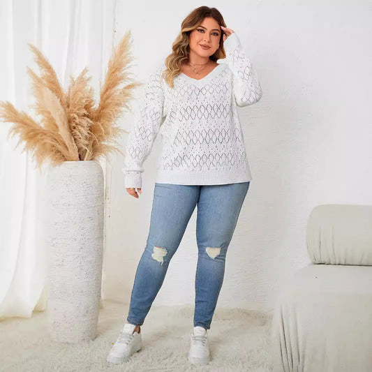 Oversized Hollow V-Neck Knit Sweater For Plus Size Women