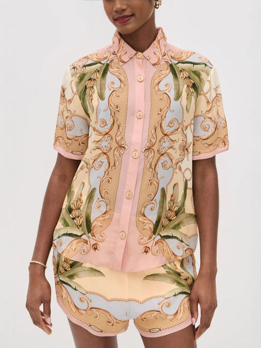 Elegant Floral Linen Short Set for Casual Wear