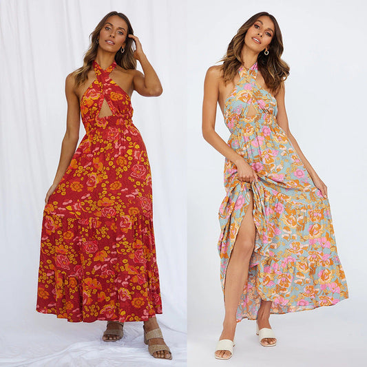 New Women'S Sexy Lace-Up Halterneck Split Print Resort Dress