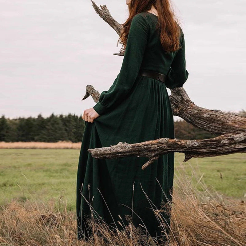 Solid Color Round Collar Long Sleeves Mid Length Dress For Women