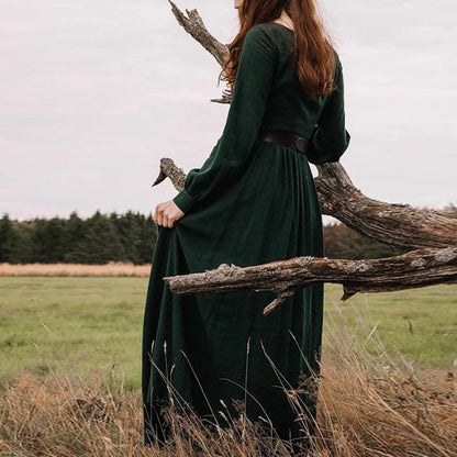 Solid Color Round Collar Long Sleeves Mid Length Dress For Women