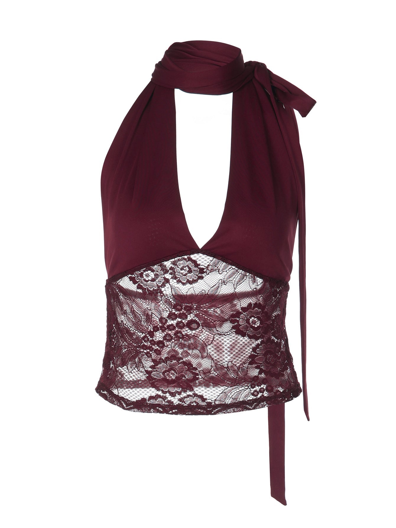 Sheer Lace Bustier Top Deep V Neck with Tie Detail