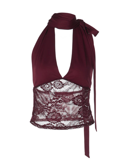 Sheer Lace Bustier Top Deep V Neck with Tie Detail