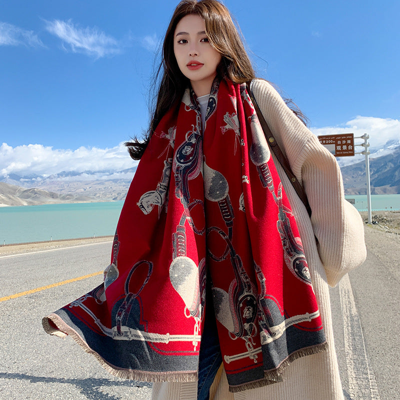 Red Scarf Women'S Winter New Versatile Cashmere High-End Sense Fashion Dual-Purpose Shawl Thickened Neck