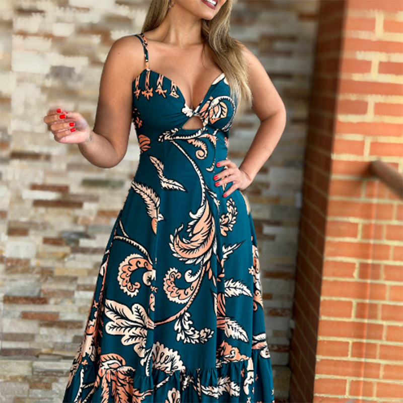 Temperament  Floral Print Sexy Openwork Ruffle Skirt Slip Dress