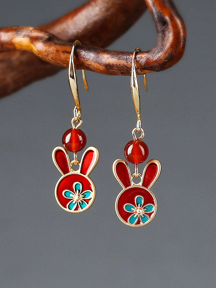 Red Earrings Antique Rabbit Earrings With Cheongsam Retro Sterling Silver Ethnic Earrings