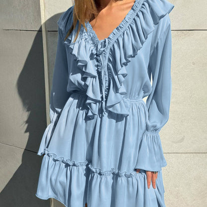 V-Neck Flounce Solid Color Mini Dress