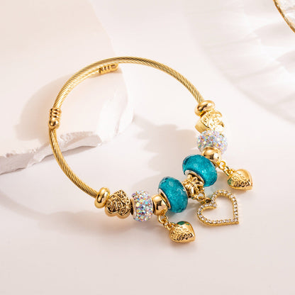 Heart-Shaped Crystal Bracelet Adjustable Handcrafted Stainless Steel Bangle