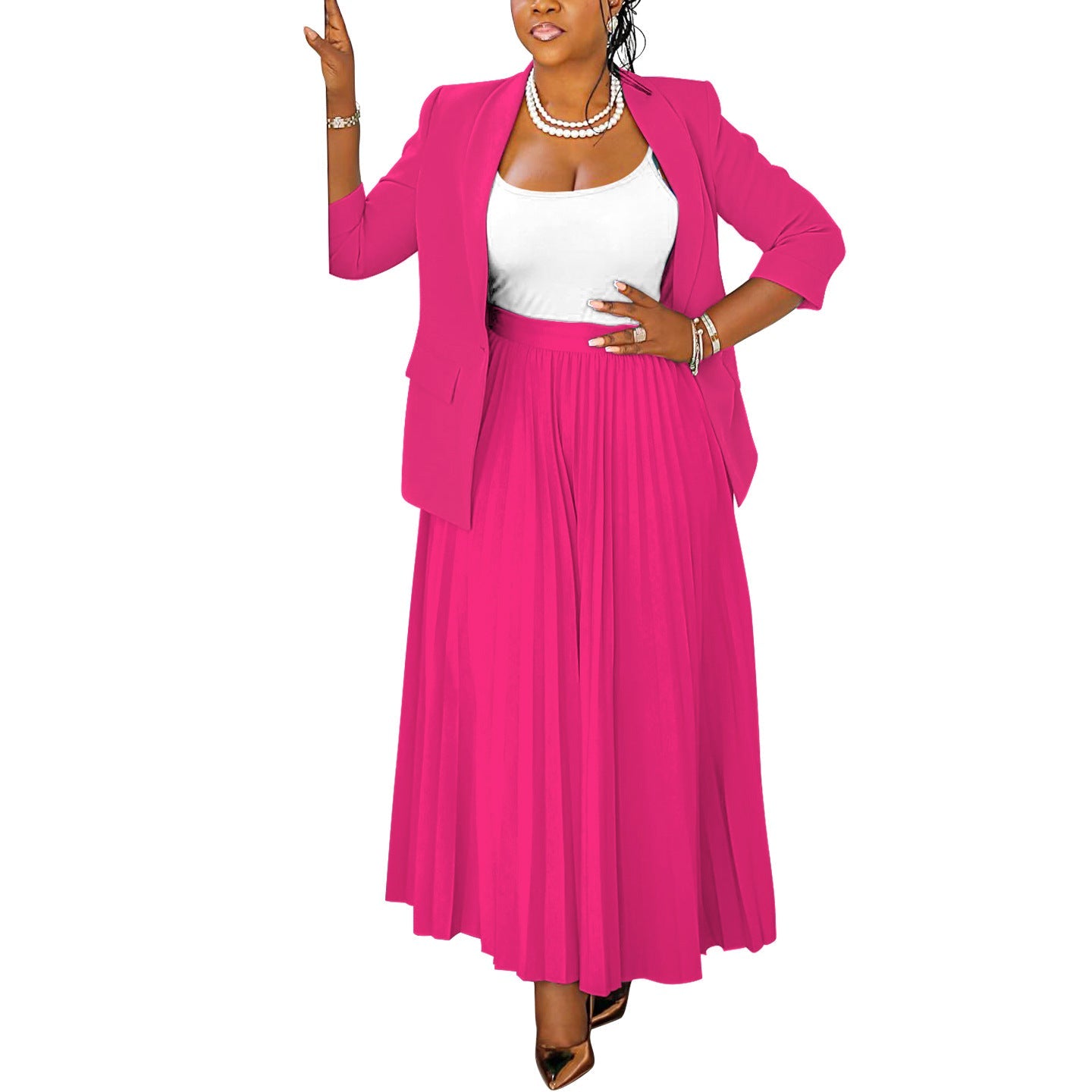 Elegant Women'S Blazer And Pleated Skirt Set
