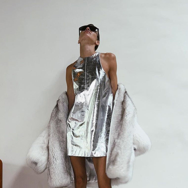 Sleeveless Silver PU Mini Dress for Night Out