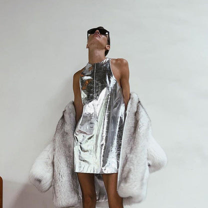 Sleeveless Silver PU Mini Dress for Night Out