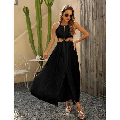 Temperament Beach Resort Split Halterneck Maxi Dress Stylish Backless Chiffon Maxi Dress