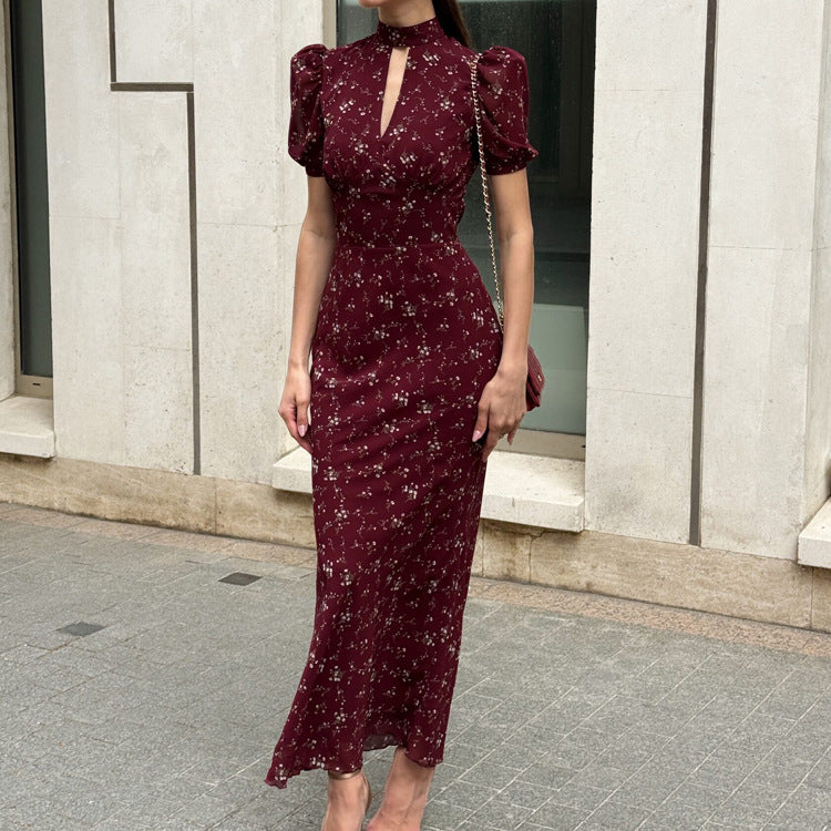 Elegant Floral Midi Dress With Hollow Out Design