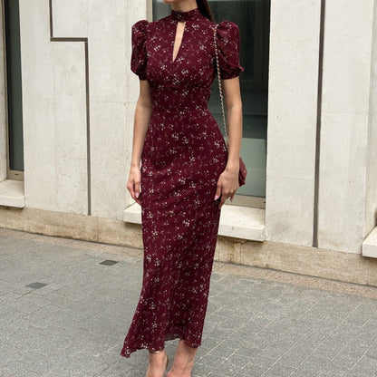 Elegant Floral Midi Dress With Hollow Out Design
