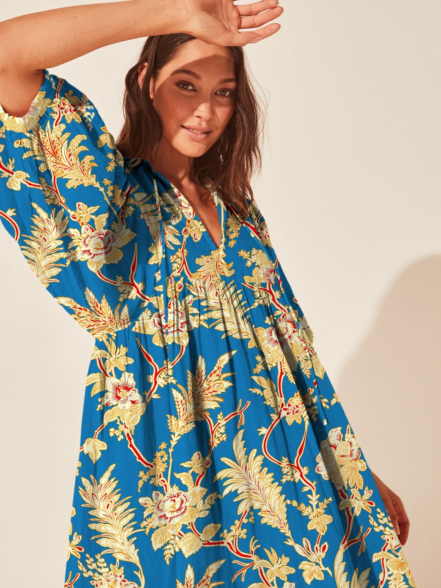 Floral Print Casual Dress with Tie Waist and Half Placket