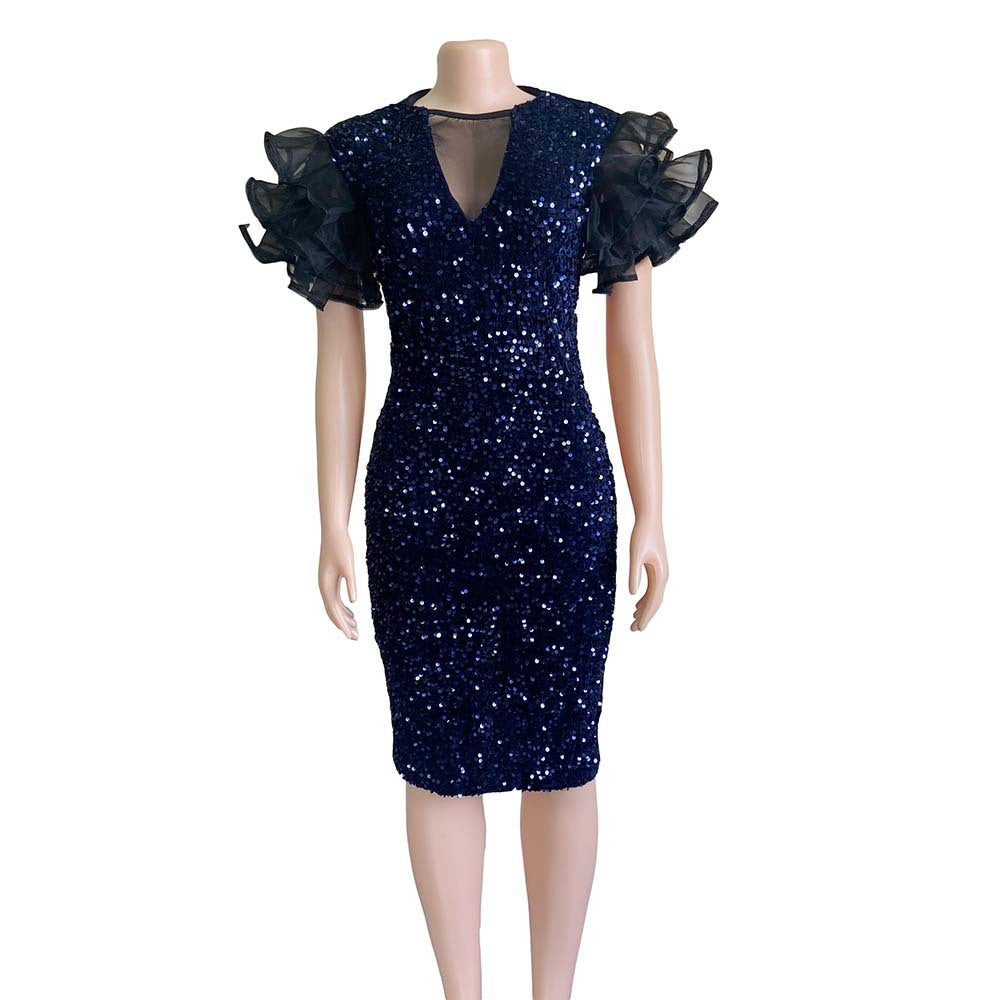 New Velvet Sequin Mesh Stitching Package Hip Dress Skirt Dress