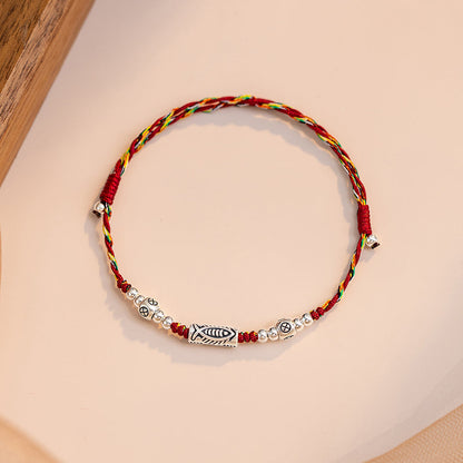 Original 925 Sterling Silver Koi Fish Bracelet Women'S Autumn Red Rope Weaving Vintage Small Gift Anklet