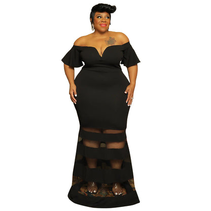 Plus Size V-Neck Sheer Fashion Dress With Flared Sleeves