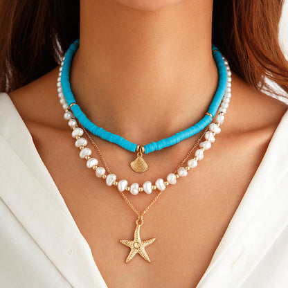 Trendy Pearl Bead Layered Necklace With Shells And Stars