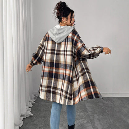 Checkerboard Pattern Hooded Cotton Jacket Casual Vintage Loose Fit