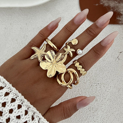 Starfish Shell Metal Ring Set Trendy Fashion Jewelry