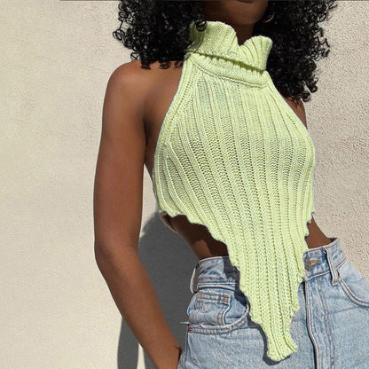 Sexy Backless Solid Color Turtleneck Irregular Knitted Vest