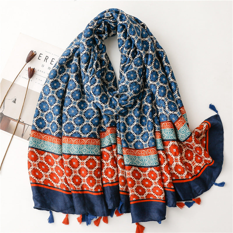 Autumn And Winter Thickened Warmth Scarf Satin Cotton Positioning Copper Money Grass Braided Silk Scarf Cotton Hemp Hand Feel Sunscreen Shawl