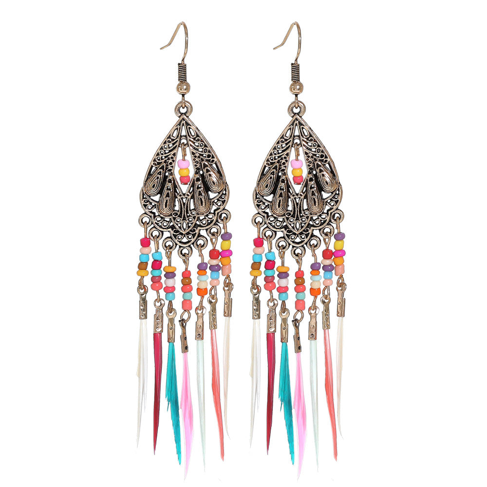 Bohemian Feather Tassel Earrings Vintage Geometric Design