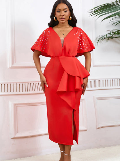 Elegant V-Neck Ruffle Hem Evening Dress