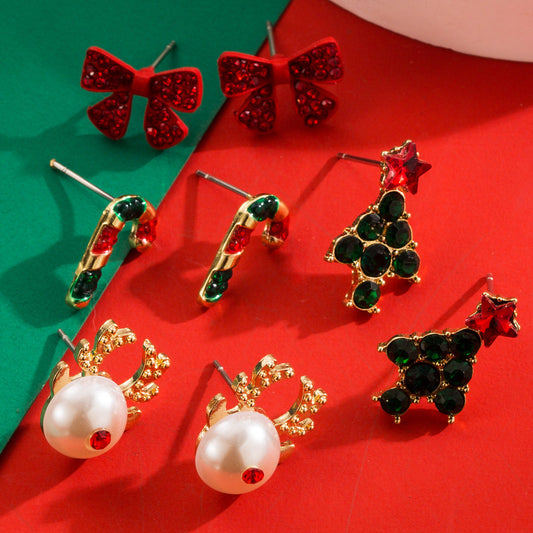 Trendy Christmas Reindeer Earrings with Bow and Tree Design