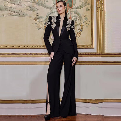 Sparkling Embellished Blazer And Split Pants Set