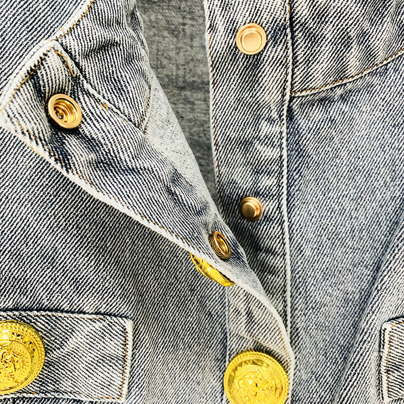 Lion Button Short Denim Jacket