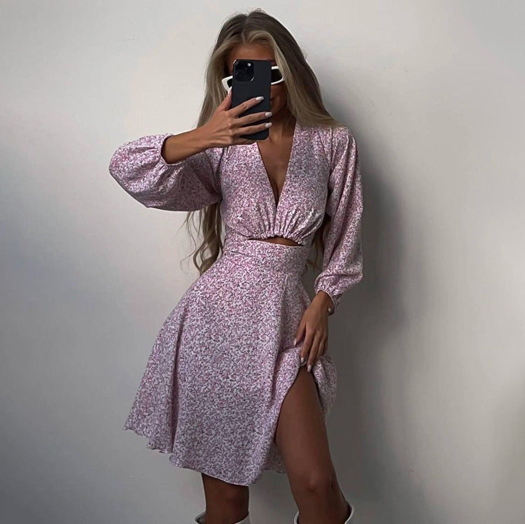 Elegant Floral V-Neck A-Line Dress Casual Polyester Dress