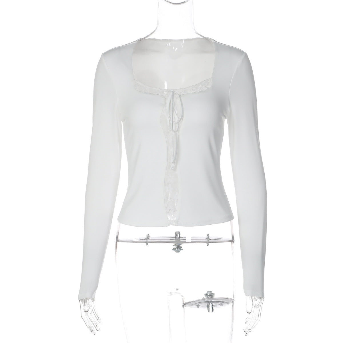 Lace Trim Square Neck Long Sleeve T-Shirt for Women