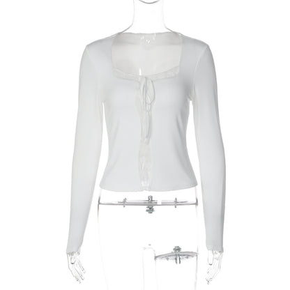 Lace Trim Square Neck Long Sleeve T-Shirt for Women