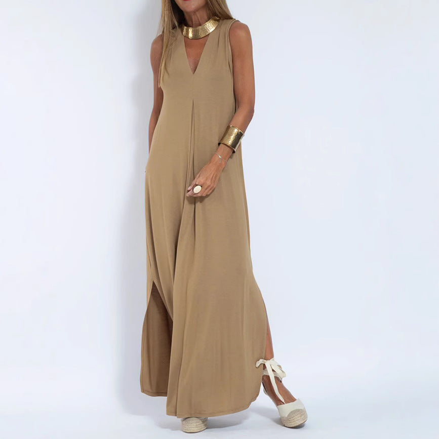 Solid Color V-Neck Maxi Dress and Cardigan Set for Women