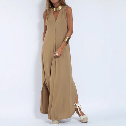 Solid Color V-Neck Maxi Dress and Cardigan Set for Women