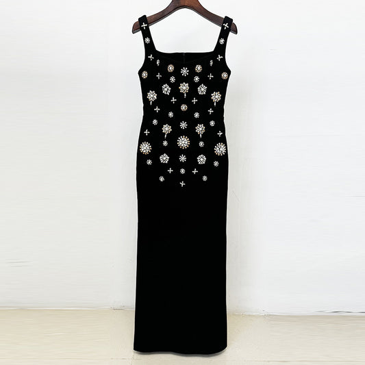 Elegant Black Long Maxi Dress With Beaded Embellishments