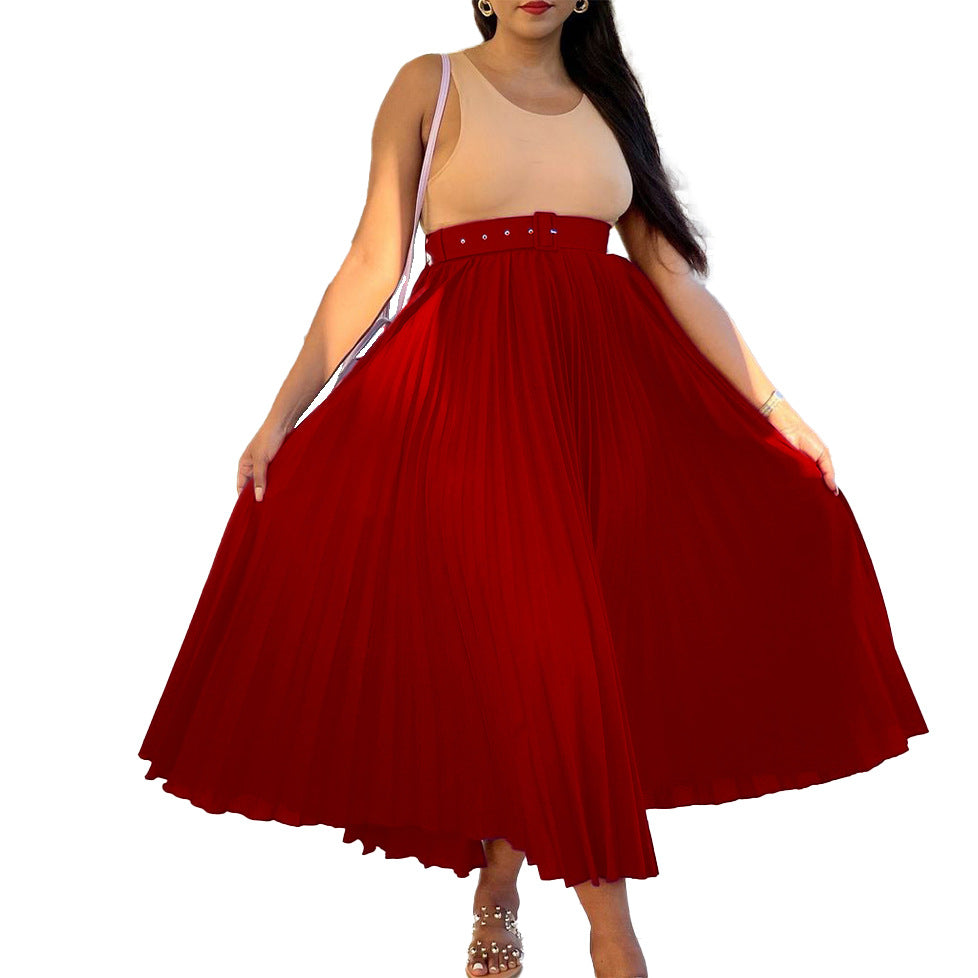 High Waist A-Line Midi Skirt With Belt In Solid Colors