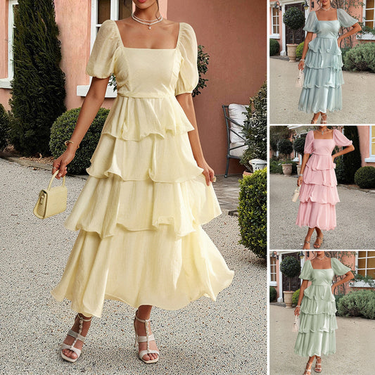 Elegant Ruffled Puff Sleeve Midi Dress for Women