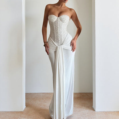 Elegant Strapless Maxi Dress with Waist Detailing