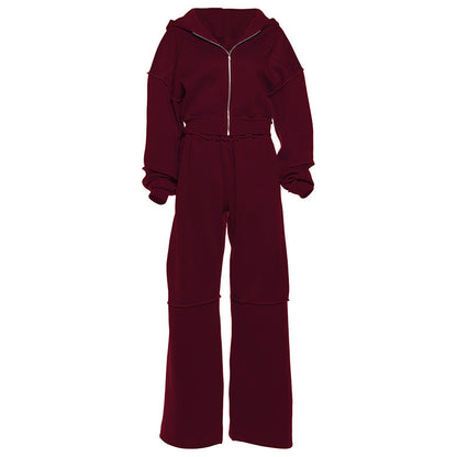 Hooded Long Sleeve Zip-Up Jacket And Loose Trousers Set