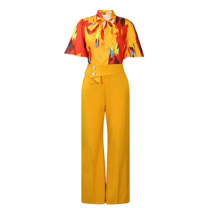 Floral Print Long Sleeve Collared Shirt And Wide Leg Pants Set