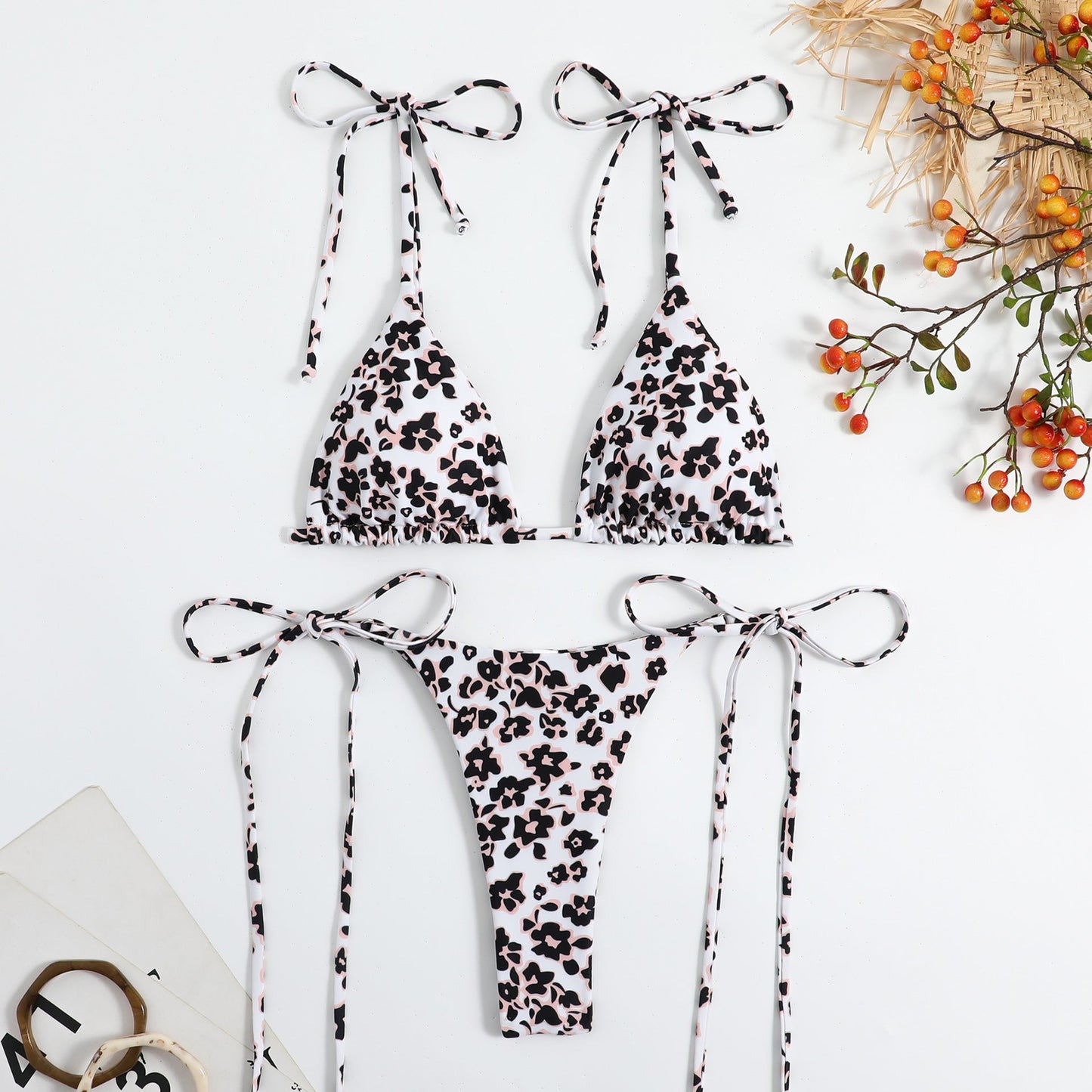 Print String Tie Backless Spaghetti Swimwear