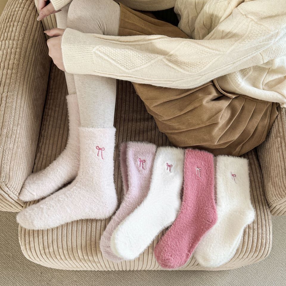 Winter Bow Embroidered Thick Plush Crew Socks